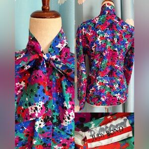 Vintage bow colorful button down silky polyester blouse. M